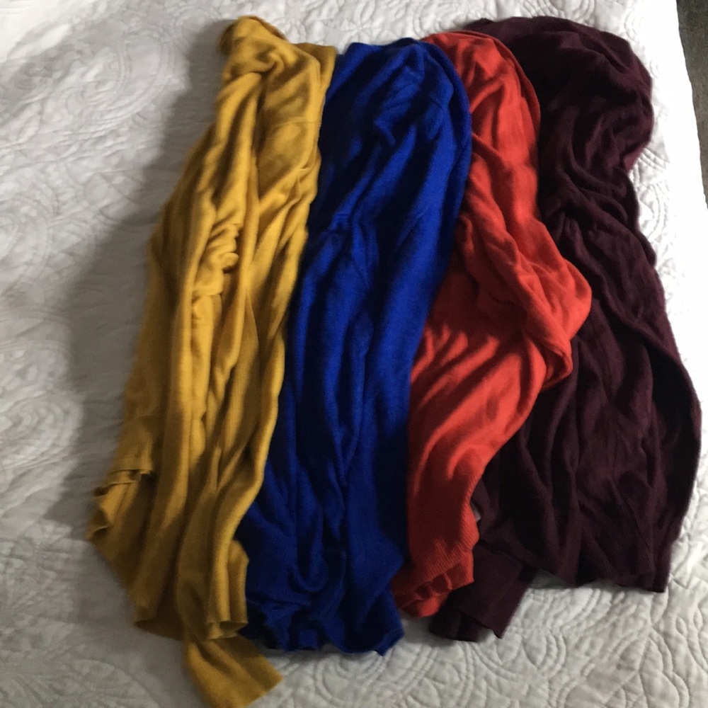 Blue, mustard, red, and maroon open front cardigans size 2X
